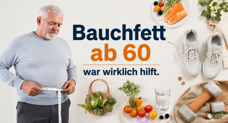 Bauchfett ab 60 - was wirklich hilft: Senior misst seinen Bauch mit Maßband. Umgeben von Lachs, frischem Gemüse, Sportschuhen, Hanteln und Wasser als Symbole für gesunde Ernährung, Bewegung und Stoffwechsel im Alter 60+