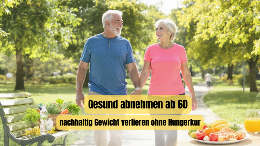 Gesund abnehmen ab 60: Fit im Alter durch Bewegung und ausgewogene Ernährung. Aktives Seniorenpaar spaziert im Park, umgeben von frischem Gemüse, Wasser und Maßband als Symbole für nachhaltige Gewichtsreduktion und Vitalität ab 60+.