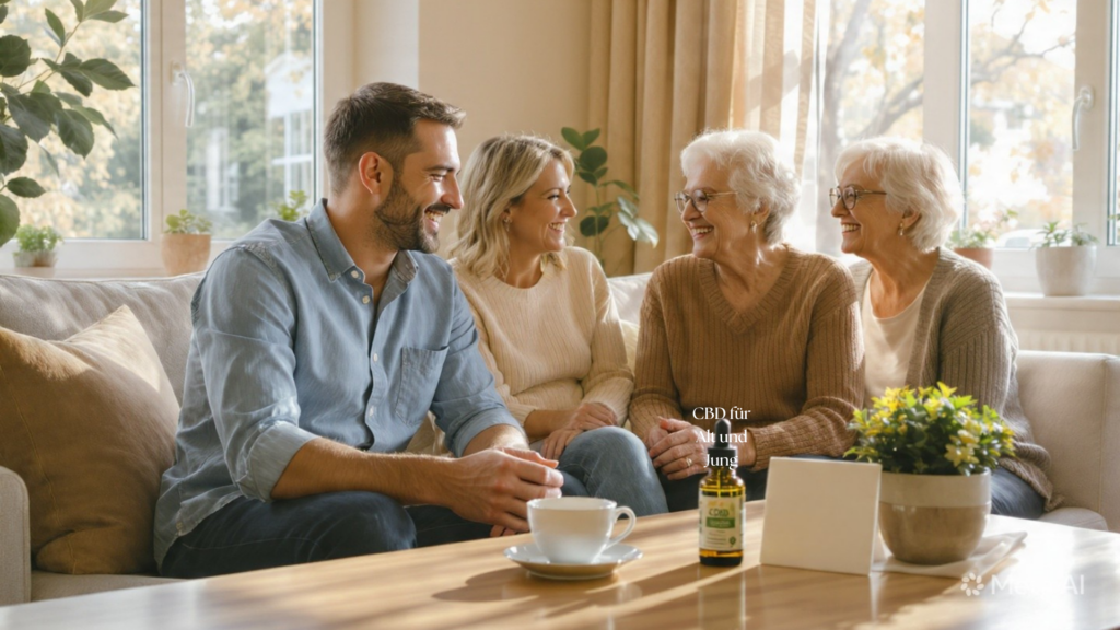 CBD für Jung und Alt: Generationen verbinden sich bei einem entspannten Moment mit CBD-Öl. Symbolbild für natürliche Unterstützung, Entspannung und Lebensqualität – vom jungen Erwachsenen bis zu Senioren. Ganzheitliches Wohlbefinden für die ganze Familie.