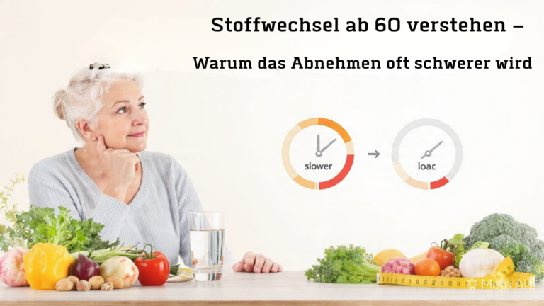 Stoffwechsel ab 60 verstehen: Warum Abnehmen im Alter schwerer fällt. Senior mit Infografik-Elementen zu verlangsamtem Metabolismus. Dazu Gemüse, Nüsse und Wasser als Symbole für bewusste Ernährung und altersbedingte Veränderungen beim Grundumsatz ab 60+.