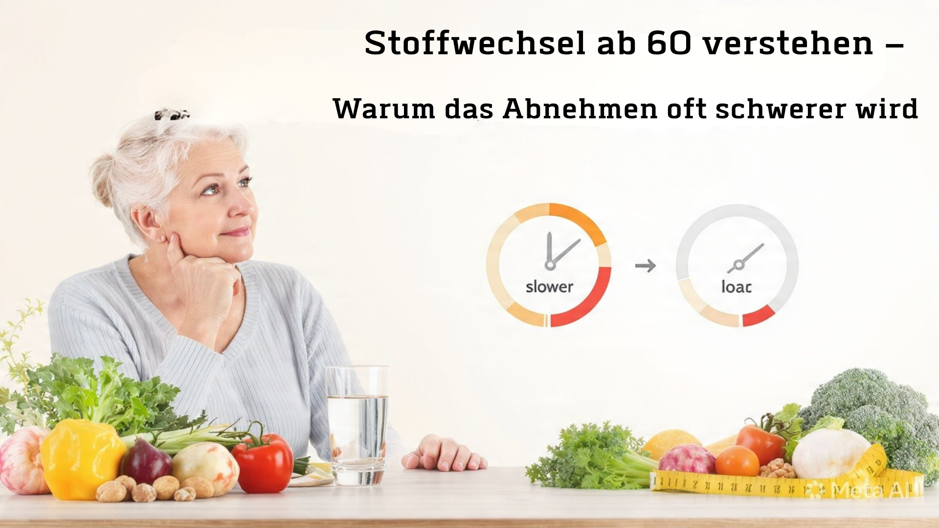 Stoffwechsel ab 60 verstehen: Warum Abnehmen im Alter schwerer fällt. Senior mit Infografik-Elementen zu verlangsamtem Metabolismus. Dazu Gemüse, Nüsse und Wasser als Symbole für bewusste Ernährung und altersbedingte Veränderungen beim Grundumsatz ab 60+.