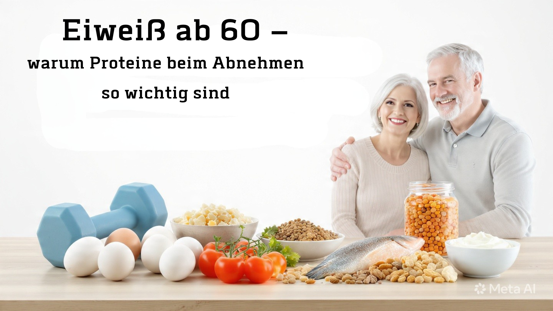 Eiweiß ab 60: Warum Proteine beim Abnehmen im Alter so wichtig sind. Seniorenpaar mit proteinreichen Lebensmitteln wie Fisch, Eiern, Linsen und Joghurt. Hantel symbolisiert Muskelschutz und Kraft. Bild zu gesunder Ernährung, Sättigung und Stoffwechsel für 60+.
