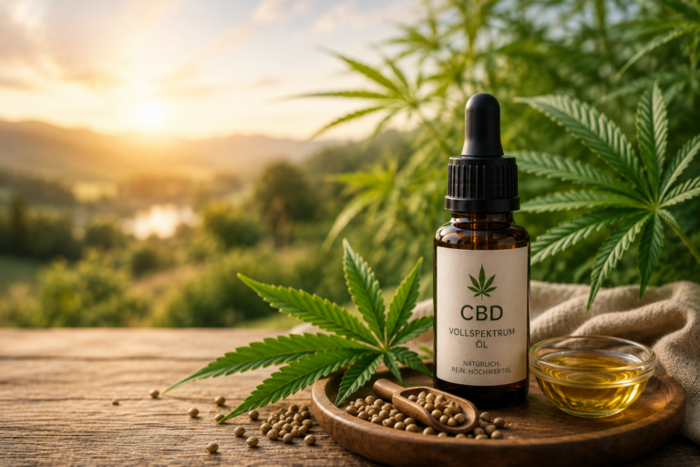CBD-Vollspektrum-Öl mit Hanfblättern und Hanfsamen in natürlicher Umgebung. Symbolbild für CBD-Wissen, Cannabidiol, Hanfpflanze, Anwendung und natürliche Pflanzenstoffe.