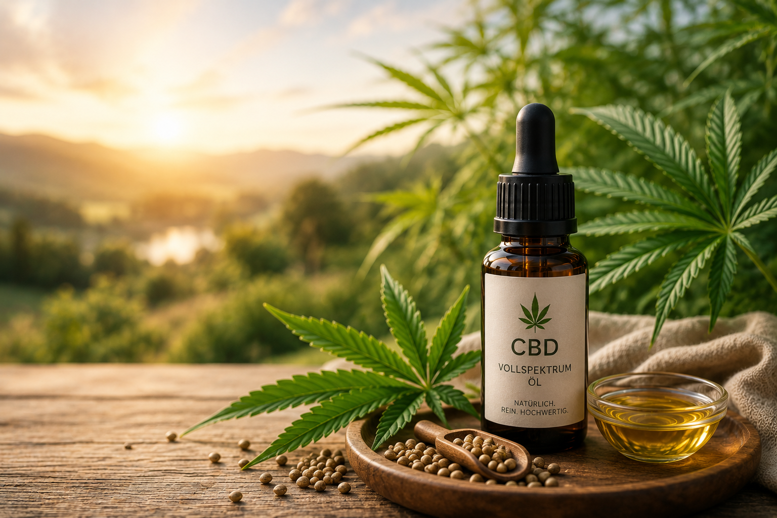 CBD-Vollspektrum-Öl mit Hanfblättern und Hanfsamen in natürlicher Umgebung. Symbolbild für CBD-Wissen, Cannabidiol, Hanfpflanze, Anwendung und natürliche Pflanzenstoffe.