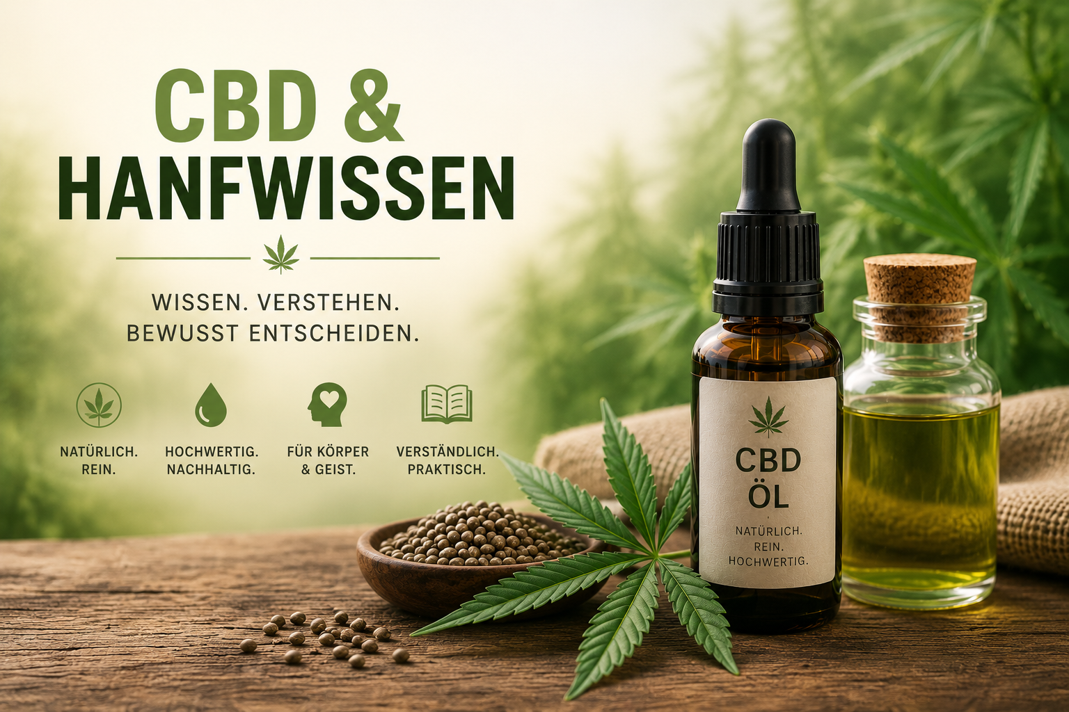 Hanfpflanzen im Sonnenlicht als Symbol für CBD, natürliche Entspannung und modernes Wohlbefinden.