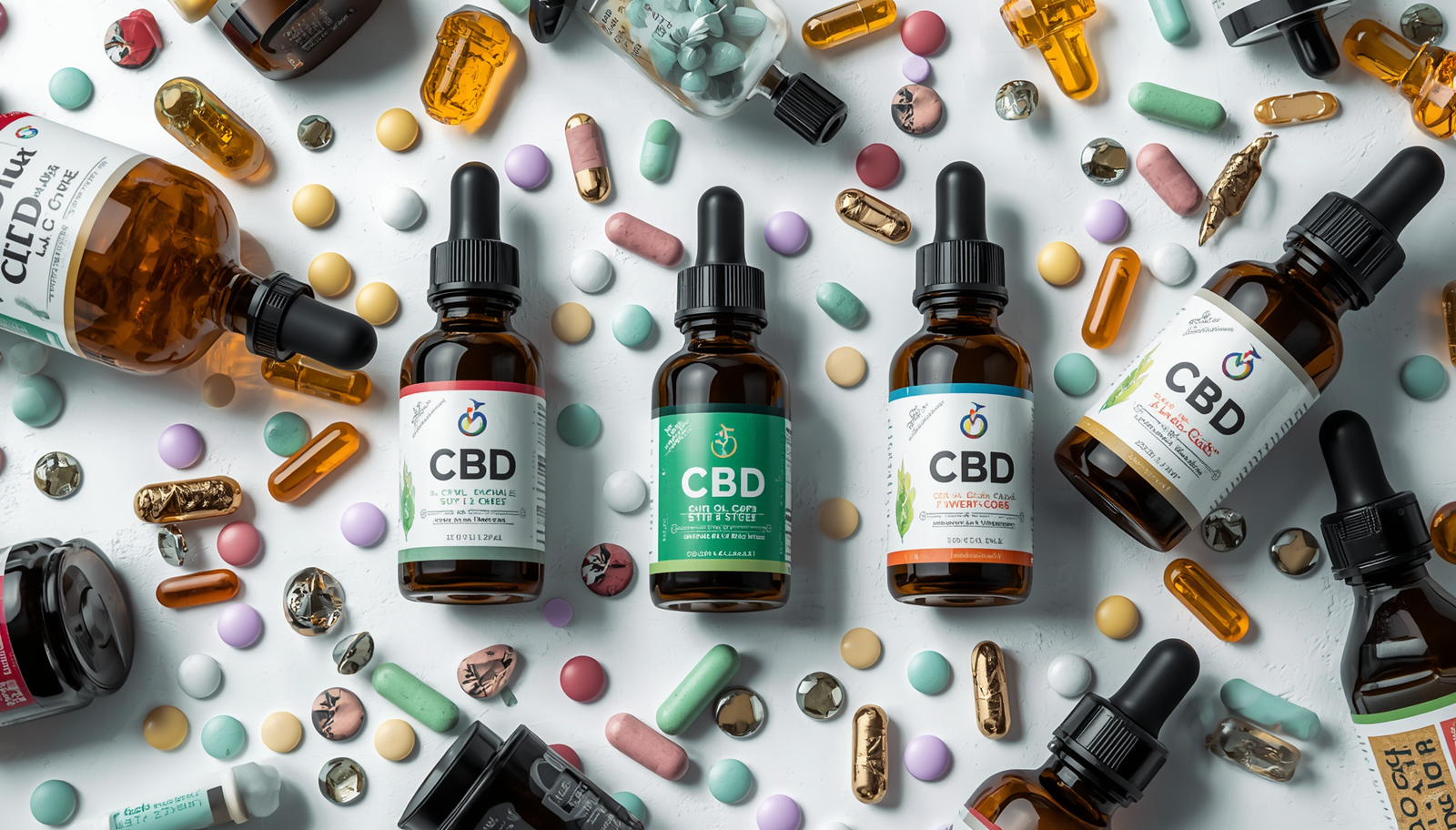 "Pharmazeutische Übersicht zu CBD und Medikamenten. Im Zentrum befinden sich mehrere CBD-Ölfläschchen mit grünen und weißen Etiketten. Drumherum sind verschiedene Medikamentenformen arrangiert: bunte Tabletten, Kapseln in Orange, Gelb und Weiß, sowie Pillen in unterschiedlichen Farben und Formen. Die Komposition auf hellem Hintergrund symbolisiert die Wechselwirkungen und das Zusammenspiel zwischen CBD-Produkten und konventionellen Medikamenten."
