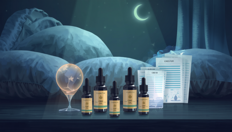 "Nächtliche Szenerie mit CBD-Ölfläschchen im Vordergrund vor einer beruhigenden Schlafkulisse. Im Hintergrund sind ein Halbmond und Planeten zu sehen, die eine friedliche Nachtruhe symbolisieren. Wissenschaftliche Elemente wie ein Molekülmodell und Reagenzgläser deuten auf die Forschung zu CBD und Schlaf hin. Die Farbpalette in Blau- und Goldtönen vermittelt Ruhe und Entspannung."
