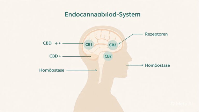 Infografik erklärt das Endocannabinoid-System verständlich: Menschliche Silhouette mit CB1-Rezeptoren im Gehirn und CB2-Rezeptoren im Körper. CBD-Moleküle interagieren mit dem ECS zur Förderung der Homöostase. Modernes Design zum Thema Cannabinoide und Gesundheit.