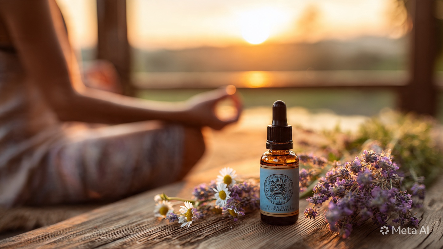 CBD bei Stress natürlich lindern: CBD-Öl Fläschchen mit Pipette auf Holztisch neben Tee und Lavendel. Entspannte Person im Hintergrund praktiziert Achtsamkeit. Symbolbild für natürliche Stressbewältigung und innere Ruhe mit CBD-Produkten.