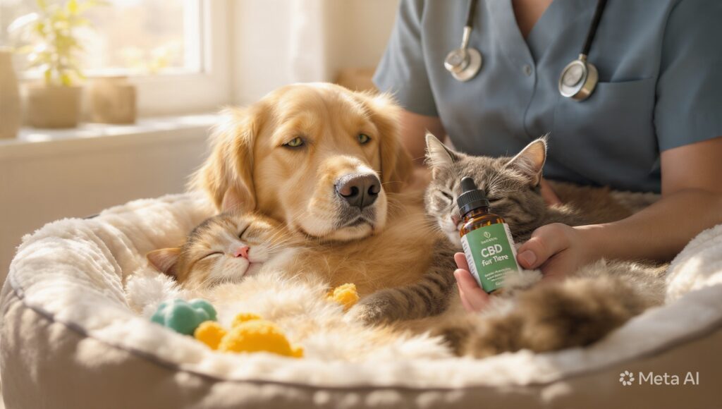 CBD für Tiere: Natürliche Unterstützung für mehr Wohlbefinden bei Hund und Katze. Vertrauensvolles Motiv mit Haustieren, CBD-Öl für Tiere und ruhiger Atmosphäre. Symbolbild für Entspannung, Stressreduktion und Lebensqualität bei Haustieren durch Cannabidiol.