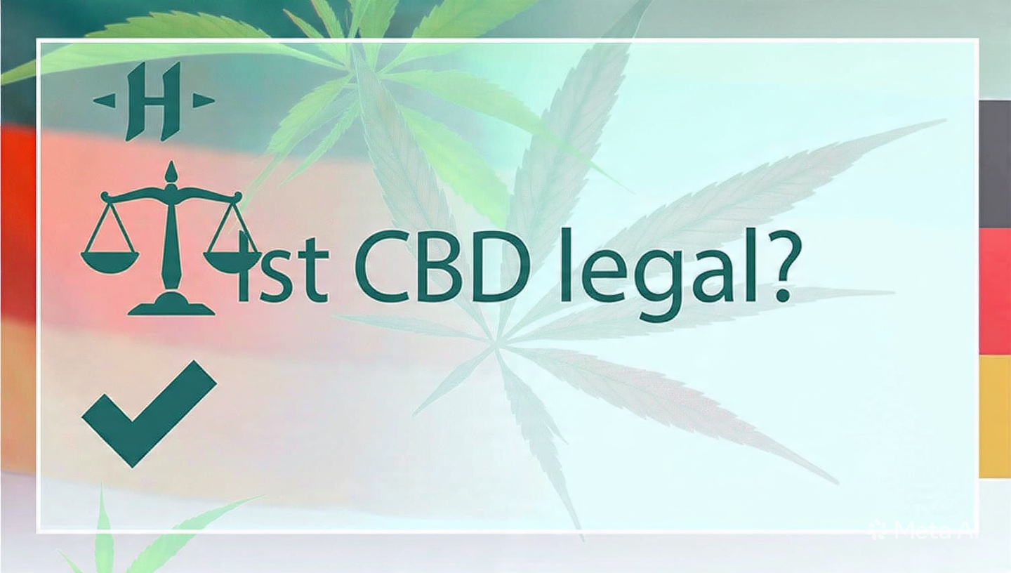 Infografik im Querformat mit der Frage "Ist CBD legal?" in großer Schrift. Visualisiert durch eine Waage im Gleichgewicht, daneben ein grüner Haken und ein Gesetzbuch-Icon. Im Hintergrund schemenhaft ein Hanfblatt und die Farben Schwarz-Rot-Gold. Modernes, vertrauenswürdiges Layout in Weiß und Dunkelgrün.