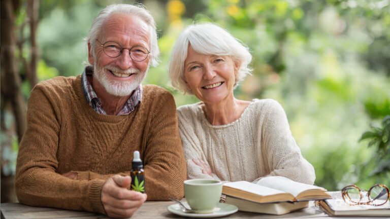 CBD für Senioren: Älteres Paar genießt mit CBD-Öl einen entspannten Nachmittag im Garten. Tee, Buch und Lesebrille stehen für Wohlbefinden, Ruhe und Lebensqualität im Alter durch natürliche Unterstützung mit Cannabidiol.