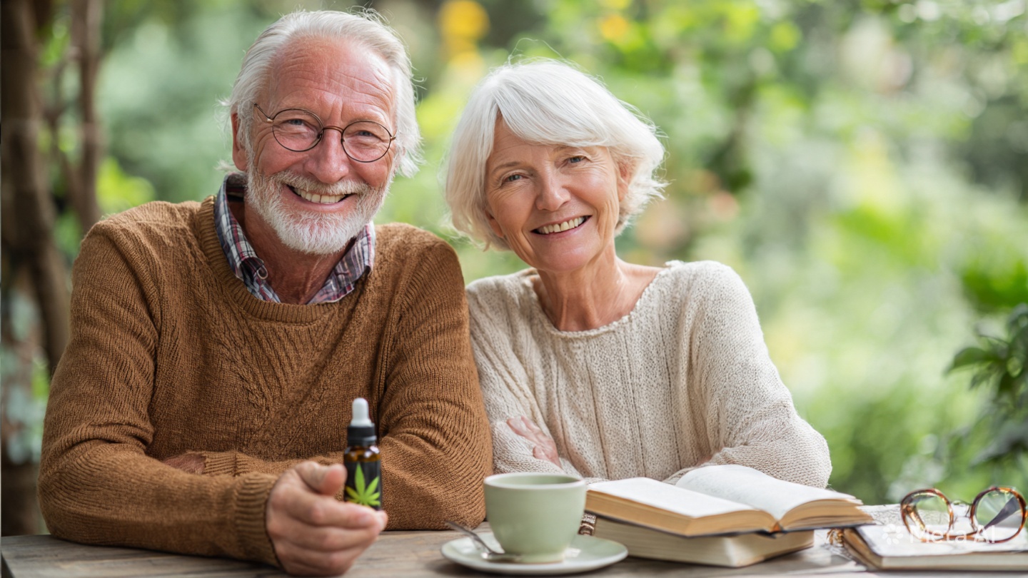 CBD für Senioren: Älteres Paar genießt mit CBD-Öl einen entspannten Nachmittag im Garten. Tee, Buch und Lesebrille stehen für Wohlbefinden, Ruhe und Lebensqualität im Alter durch natürliche Unterstützung mit Cannabidiol.